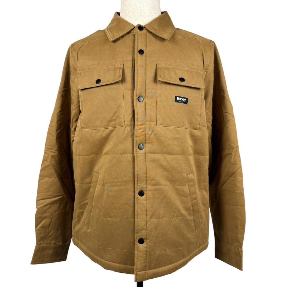 Hurley Quilted Fleece Lined Canvas Jacket Mens M Tan Khaki Snap Up Workwear NWT